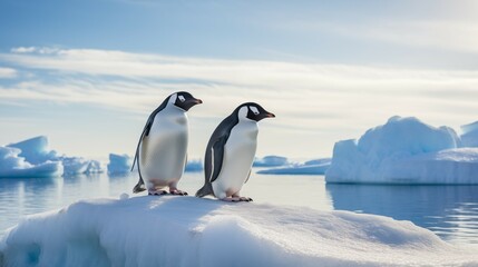 Obraz premium Professional photograph of penguins standing on floating ice sheet in the arctic ocean.