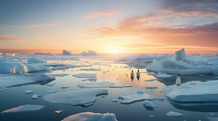Professional photograph of penguins standing on floating ice sheet in the arctic ocean.
