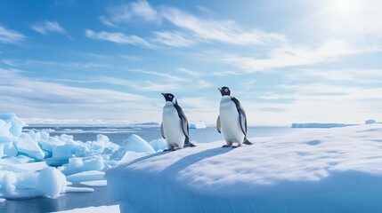 Obraz premium Professional photograph of penguins standing on floating ice sheet in the arctic ocean.