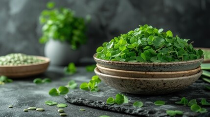 a bowl filled with green leaves next to another bowl filled with green leaves next to another bowl filled with green leaves.