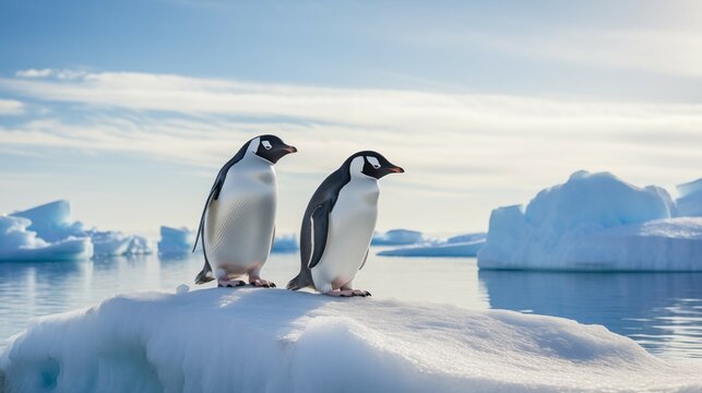 Professional photograph of penguins standing on floating ice sheet in the arctic ocean.