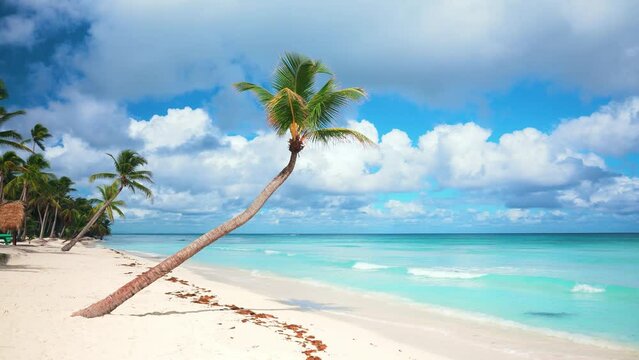 Bahamas palm trees on white sand with turquoise waves. Sea water and tropical beach. Summer honeymoon goal. Paradise Resort. Amazing island beach holiday. Background coast for holidays.