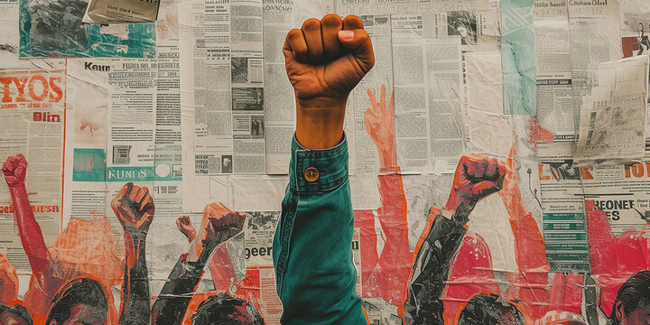 collage of clenched fist up and newspaper worker protest