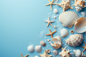 travel concept background. Sea shells and starfish, free space for text