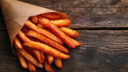 a brown paper bag filled with french fries on top of a wooden table with a brown paper bag on top of it.