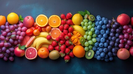 a group of fruits and vegetables arranged in the shape of a rainbow on a blue surface with a black background.