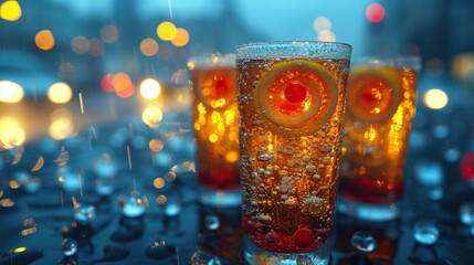 a close up of two glasses of liquid on a table with a blurry background of lights in the background.
