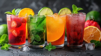 a group of four glasses filled with different types of drinks and garnished with limes, strawberries, and oranges.