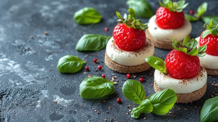 a table topped with mini cakes covered in whipped cream and topped with strawberries on top of green leafy leaves. - obrazy, fototapety, plakaty
