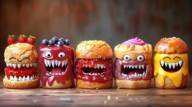 a group of different types of food with mouths and mouths painted on the sides of breads with fruit on top of them.