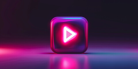 bright glowing neon play button with shadow