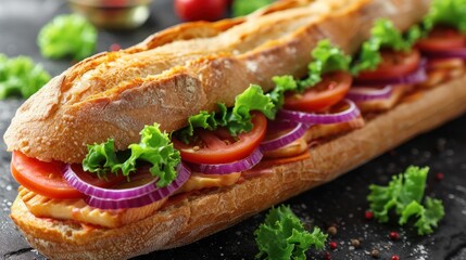 a sub sandwich with lettuce, tomato, and onion on a black surface next to lettuce and tomatoes. - obrazy, fototapety, plakaty