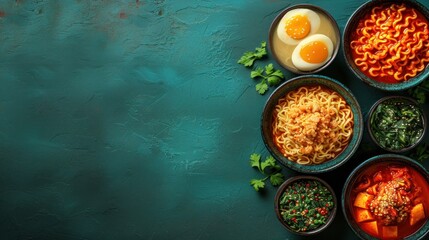 a table topped with bowls of food next to an egg on top of an egg on top of another bowl. - obrazy, fototapety, plakaty