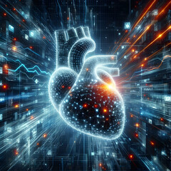 A pulsating heart made of digital pixels, with streams of data flowing across borders
