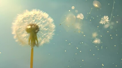 Dandelion moving in the wind with blue sky. Super Slow Motion Of Bloomed Dandelion With Flying Seeds on Blue Background. Nature spring background copy space 4k video beauty