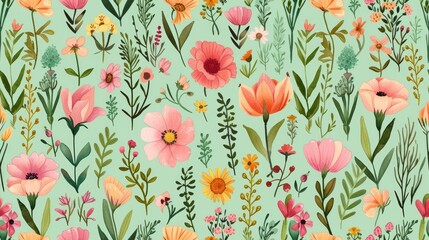 flower, doodle, seamless pattern, on green pastel background