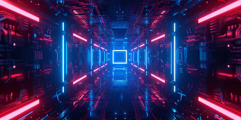 Fototapeta premium 3D rendering of a dark corridor with illuminated byneon lights