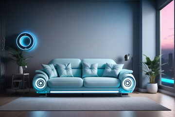 A modern living room with a cyberpunk blue sofa, bathed in neon lights, creating a trendy and vibrant urban escape.