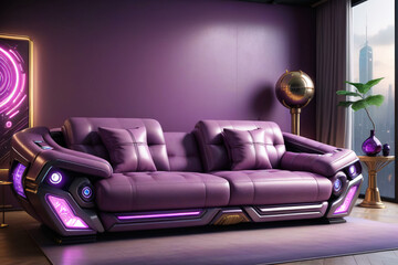 A cyberpunk-inspired living room in purple color featuring a stylish sofa, immersed in vibrant neon purple lights, creating a cutting-edge and elegant ambiance