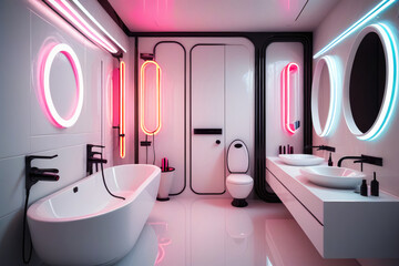A modern bathroom with cyberpunk aesthetics, bathed in neon lights, creating a sleek and futuristic bathing space.