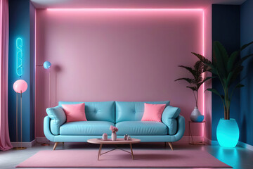 A cyberpunk living room with a chic blue sofa, bathed in the captivating glow of pink neon lights, offering a trendy and futuristic living space.