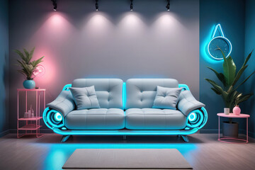 A cyberpunk-inspired living room featuring a stylish sofa, immersed in vibrant neon blue lights, creating a cutting-edge and elegant ambiance.