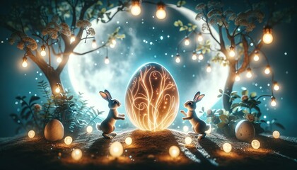 Two bunnies stand guard over Easter eggs in the moonlight at night.