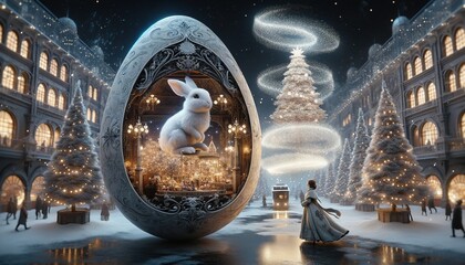 A large egg with a rabbit inside Referring to Easter and Christmas. - obrazy, fototapety, plakaty