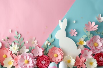 An Easter bunny and eggs cut out of colored paper with flowers. Easter celebration concept