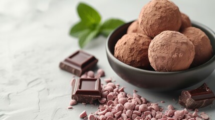 a bowl filled with chocolate truffles next to a pile of chocolate chips and a mint sprig. - obrazy, fototapety, plakaty