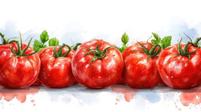 a painting of a row of tomatoes with green leaves on the top and bottom of the row of tomatoes on the bottom of the row.