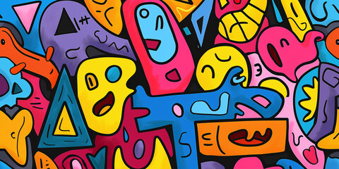 colorful different shapes, swirls, shapes, arches, squiggles, brush strokes and doodles. geometric figures. abstract background in pop art style