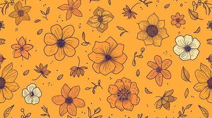flower, doodle, seamless pattern on orange background. Generative Ai