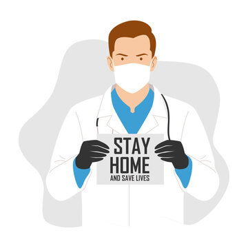Doctors  holding poster  staying at home. Vector image