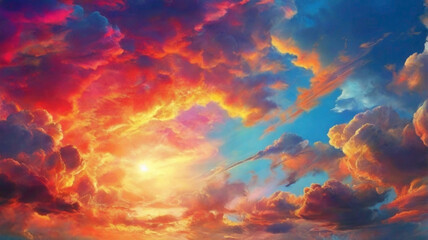 colorful clouds in beautiful sky land with ultra view and sun rays abstract bckground 