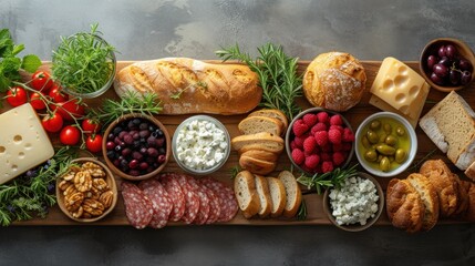 a variety of cheeses, meats, fruits, and breads are arranged on a wooden platter. - obrazy, fototapety, plakaty