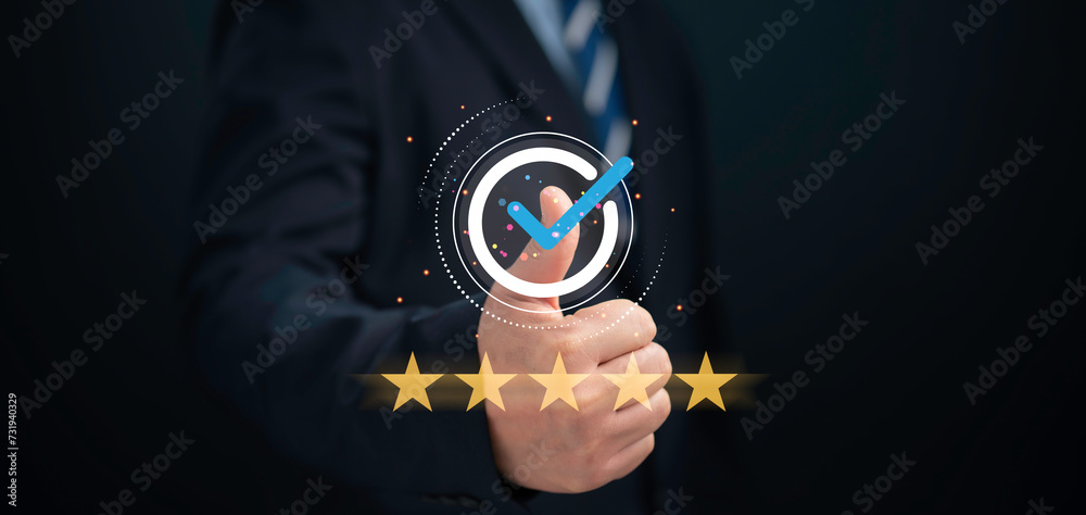 Wall mural thumb up with virtual quality certificate and analyst target marketing planning assignment with qual