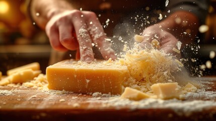a close up of a person cutting cheese on a cutting board with grated parmesan cheese on top of it. - obrazy, fototapety, plakaty
