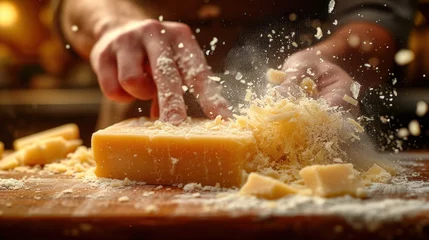 Keuken spatwand met foto a close up of a person cutting cheese on a cutting board with grated parmesan cheese on top of it. © Jevjenijs