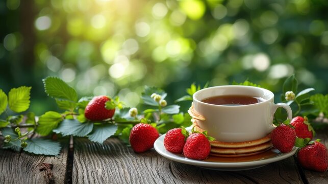 a cup of tea and a plate of strawberries on a wooden table in front of a green leafy background.