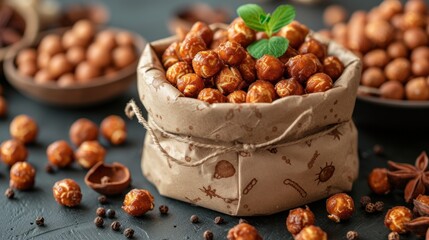 a bag filled with nuts sitting on top of a table next to other bowls of nuts and nutshells.