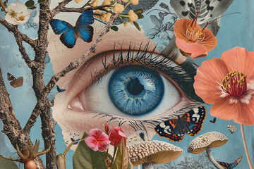 Blue eye surrounded by flowers, butterflies, tree branches and mushrooms, in the style of minimalist collages