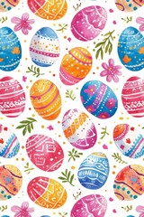 Seamless illustration of easter theme with spring flowers plants and eggs 