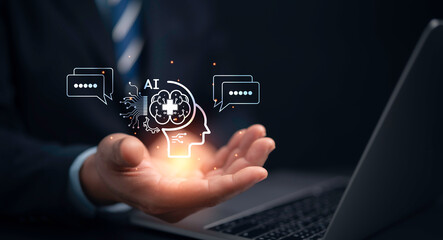 Businessman use of technology smart robot AI , artificial intelligence for Automation, Predictive analytics, Customer service AI-powered chatbot, analyze customer data, business and technology