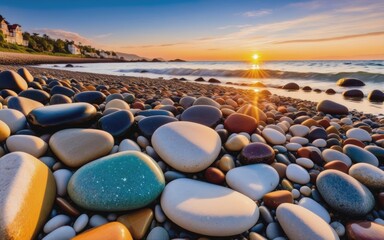 Obraz premium Colorful pebble stones on the beach at sunset or sunrise