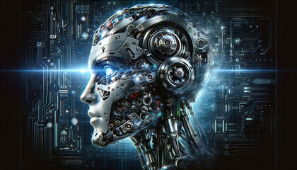 A robotic with a neural network thinks. Artificial intelligence with a digital brain is learning to process big data.