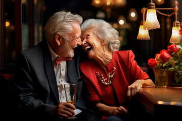 A happy intelligent laughing elderly married couple is having a nice time in a cafe. - obrazy, fototapety, plakaty