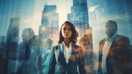 Businesswoman double exposure with city, representing corporate ambition and diversity.