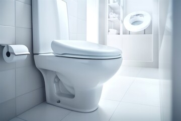 Ceramic toilet with a soft closed lid in a bright modern bathroom interior