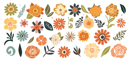Fototapeta na wymiar Set of abstract colorful Flowers. Trendy botanical elements in Modern naive groovy funky hippie folklore retro 70s style. Floral clipart for card, pattern, background, Flower Market poster, wall art.